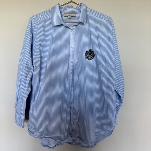 Loft Womens Top L Blue Striped Poplin Crest Everyday Oversized Preppy Academia - Picture 2 of 7